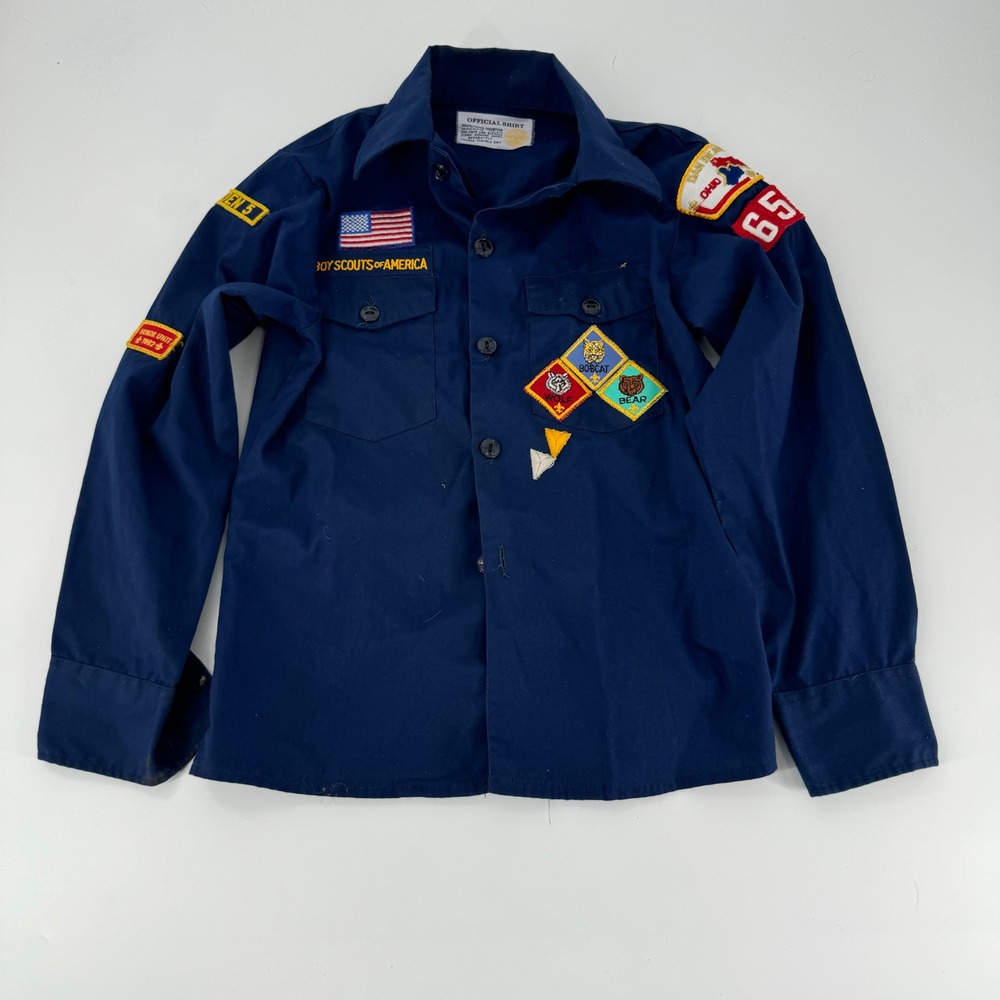 Vintage Boy Scouts of America Official Uniform Shirt Patched Cub Scout Bear